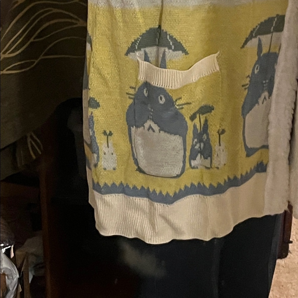 Studio Ghibli My Neighbor Totoro Fair Isle Sherpa Cardigan Yellow Blue hooded - Picture 3 of 8